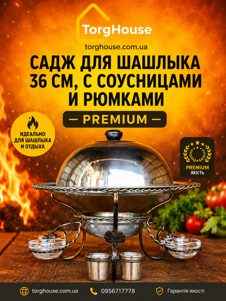 Садж для шашлику 36 см, з соусницями та чарками Premium садж 2 фото